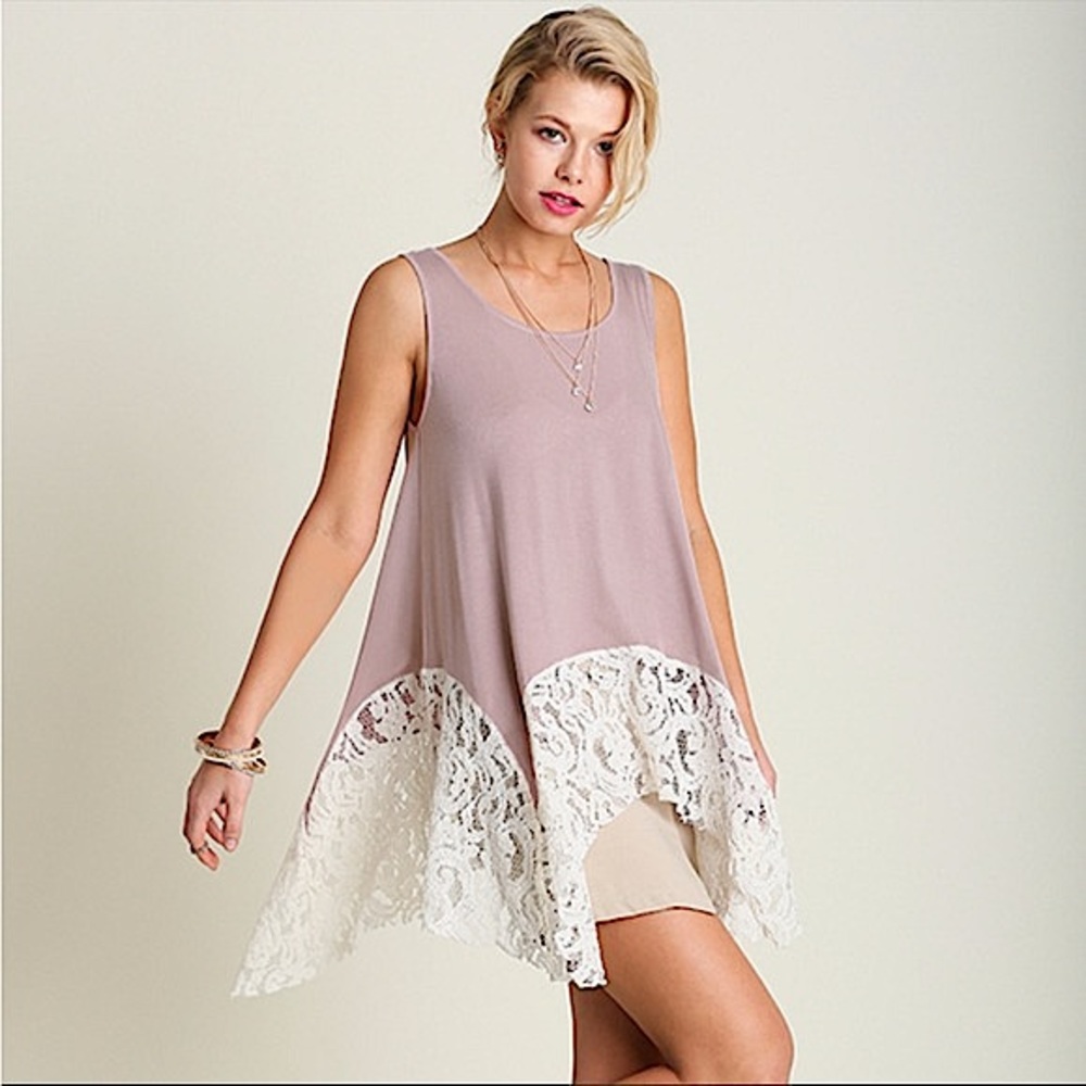 Umgee Asymmetrical Lace Tail Tunic Tank Top Pink White Small Boho Flowy Casual